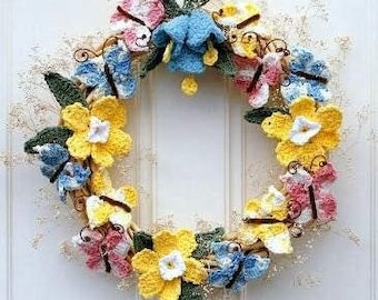 Vintage Crochet Pattern   Spring Flower Wreath  Floral Wreath  Wedding Decoration Easter Decor  Daffodil Bluebell Butterfly Leaf  PDF