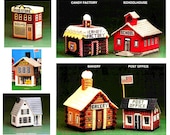 Plastic Canvas Village Toy Town Mini Houses Miniatures School Candy Store Bakery Post Office Train Depot Drug Store Shop