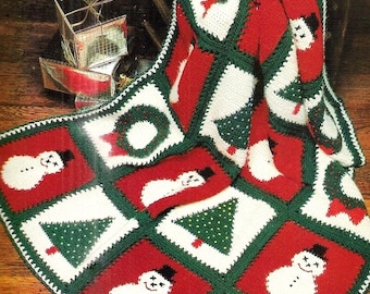 Vintage Christmas Crochet Pattern   Christmas Afghan Throw  Holiday Home Decor Bedspread Cover Throw Snowman Wreath Tree Granny Square Motif