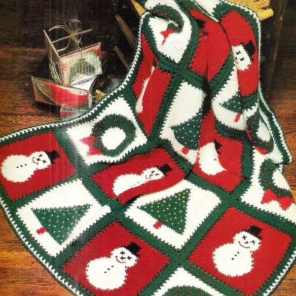 Vintage Christmas Crochet Pattern   Christmas Afghan Throw  Holiday Home Decor Bedspread Cover Throw Snowman Wreath Tree Granny Square Motif