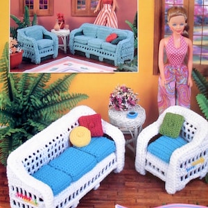 May include: Crocheted doll furniture set in white, blue, red, and yellow. The set includes a sofa, armchair, and cushions. The image also features a doll and the text "Garden Room".