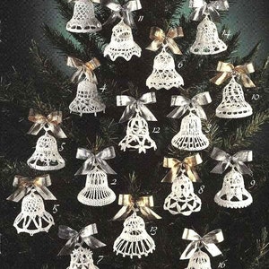 May include: A selection of white, crocheted bell decorations with silver and gold bows, arranged on a green Christmas tree. Each bell features a distinct pattern and is numbered. These handmade ornaments bring a touch of elegance to festive displays.