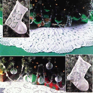 May include: White crocheted Christmas tree skirt with a lacy design. Two white crocheted stockings with a lacy design are also pictured.