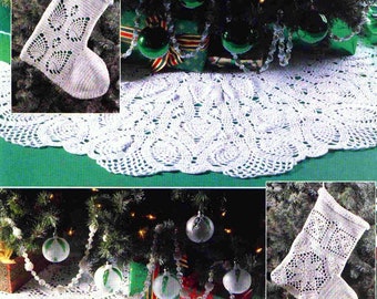 INSTANT DOWNLOAD PDF Vintage Crochet Pattern  White Thread Christmas Tree Skirts Stockings  Holiday Decor Decoration Ornament Granny Squares