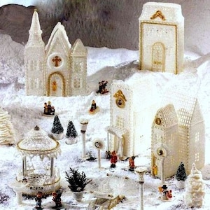 INSTANT DOWNLOAD PDF Vintage Crochet Pattern  White Christmas Village Winter Wonderland  Christmas Decorations Church Cottage