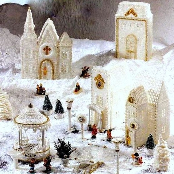 INSTANT DOWNLOAD PDF Vintage Crochet Pattern  White Christmas Village Winter Wonderland  Christmas Decorations Church Cottage