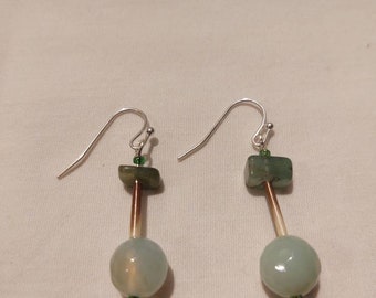 Green Agate and Aventurine Earrings with Sterling Silver and Porcupine Quills