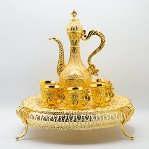 8 Pcs. Set - Arabian Design Gold Plated Coffee or Tea Pot with Cups & Tray Stand