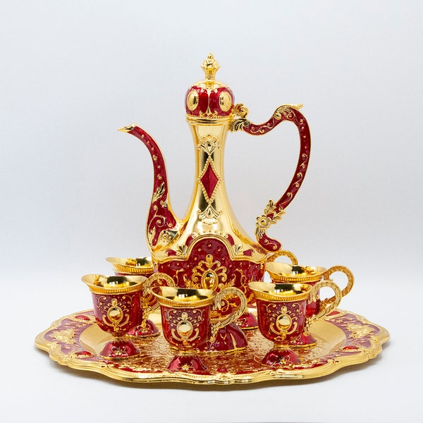 8 Pcs. Set - Turkish Design Red & Gold Plated Coffee Tea Set with Tray - Style 1