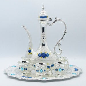 8 Pcs. Set - Turkish Design Blue Silver Plated Coffee Tea Set with Tray