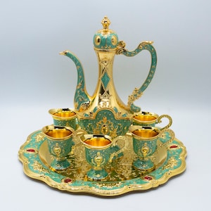 8 Pcs. Set - Turkish Design Green Gold Plated Coffee Tea Set with Tray