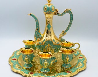 8 Pcs. Set - Turkish Design Green Gold Plated Coffee Tea Set with Tray