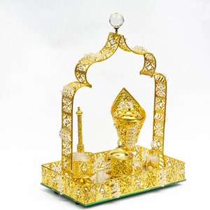 6 pcs. Set - Arabian Arch Style High Quality Crystal Stones & Gold Plated Incense Burner Set