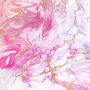 May include: Abstract pink and purple marbled background with gold glitter accents.
