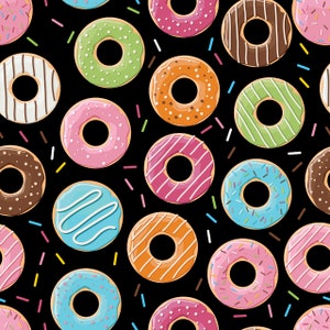 May include: A seamless pattern of colorful donuts with various toppings, including sprinkles, chocolate, and frosting, on a black background with colorful sprinkles.