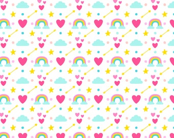 Digital Paper- white background with rainbow pattern and hearts