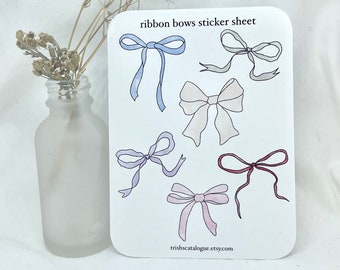 Ribbon Bows Sticker Sheet | cute girly coquette assorted pastel stickers for journals, planners, gifts, decals handmade hand drawn