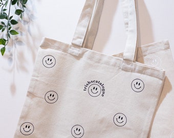 Smiley Tote Bag | simple minimal smiley face tote canvas bag with smiley face black white natural 8 oz canvas tote printed iron-on 13.75