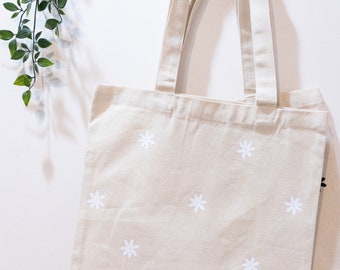 Scattered Flower Tote Bag | simple minimal daisy tote canvas bag with flowers black whitenatural 8 oz canvas tote printed iron-on 13.75