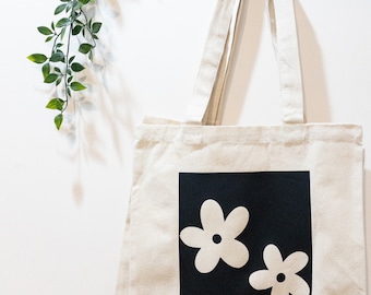 Flower Cut-Out Tote Bag | simple minimal daisy tote canvas bag with flowers black white natural 8 oz canvas tote printed iron-on 13.75