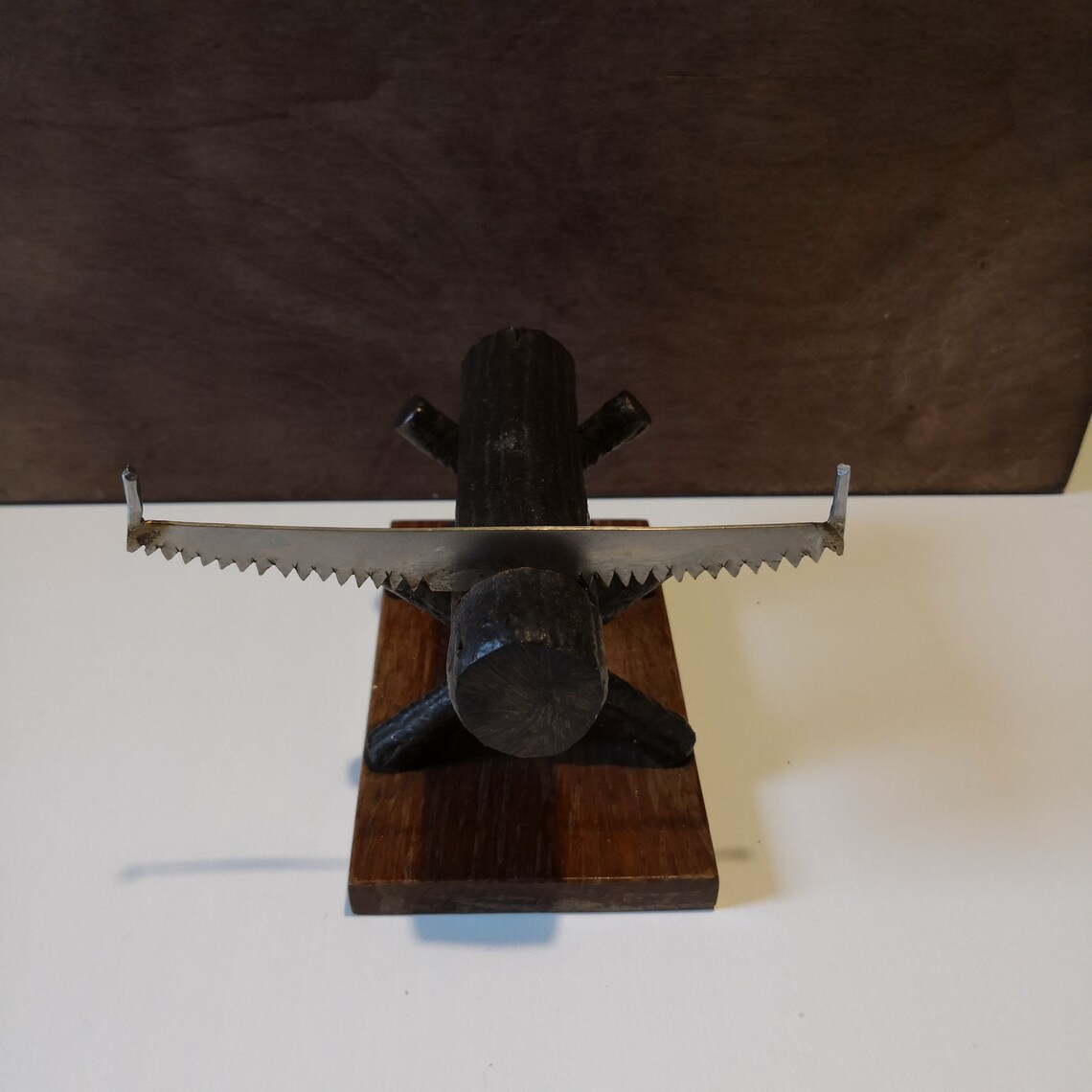 Unusual Heavy Metal Ornamental Log Cutter Stand On Wooden Base Etsy