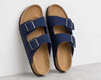 Genuine Leather Double Buckle Sandals, Ergonomic Cushioned Cork Slides, Casual Flat Beach Slippers, Unisex Summer Footwear, Comfort Shoes