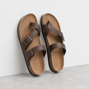 Toe Loop Leather Sandals, Unisex Cork Slides, Flat Summer Beach Slippers, Boho Open Toe Shoes for Men Women, Mules Style Thong
