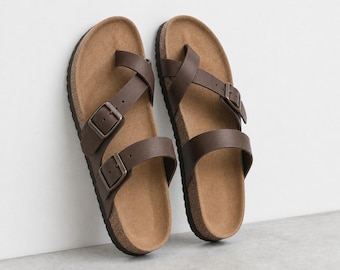Sandały skórzane z pętelką na palce, unisexowe klapki korkowe, płaskie klapki plażowe na lato, buty boho z odkrytymi palcami dla mężczyzn i kobiet, klapki w stylu mułów