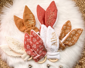 Rabbit rattle, customizable rattle, personalized rattle, embroidered rattle, baby toy, developmental toy, baby sensory toy, baby curiosity toy, teething ring