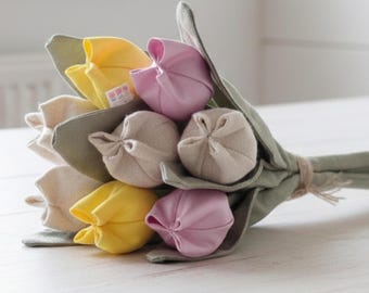 Tulipanes de lino natural y flores de algodón, regalo del 4º aniversario