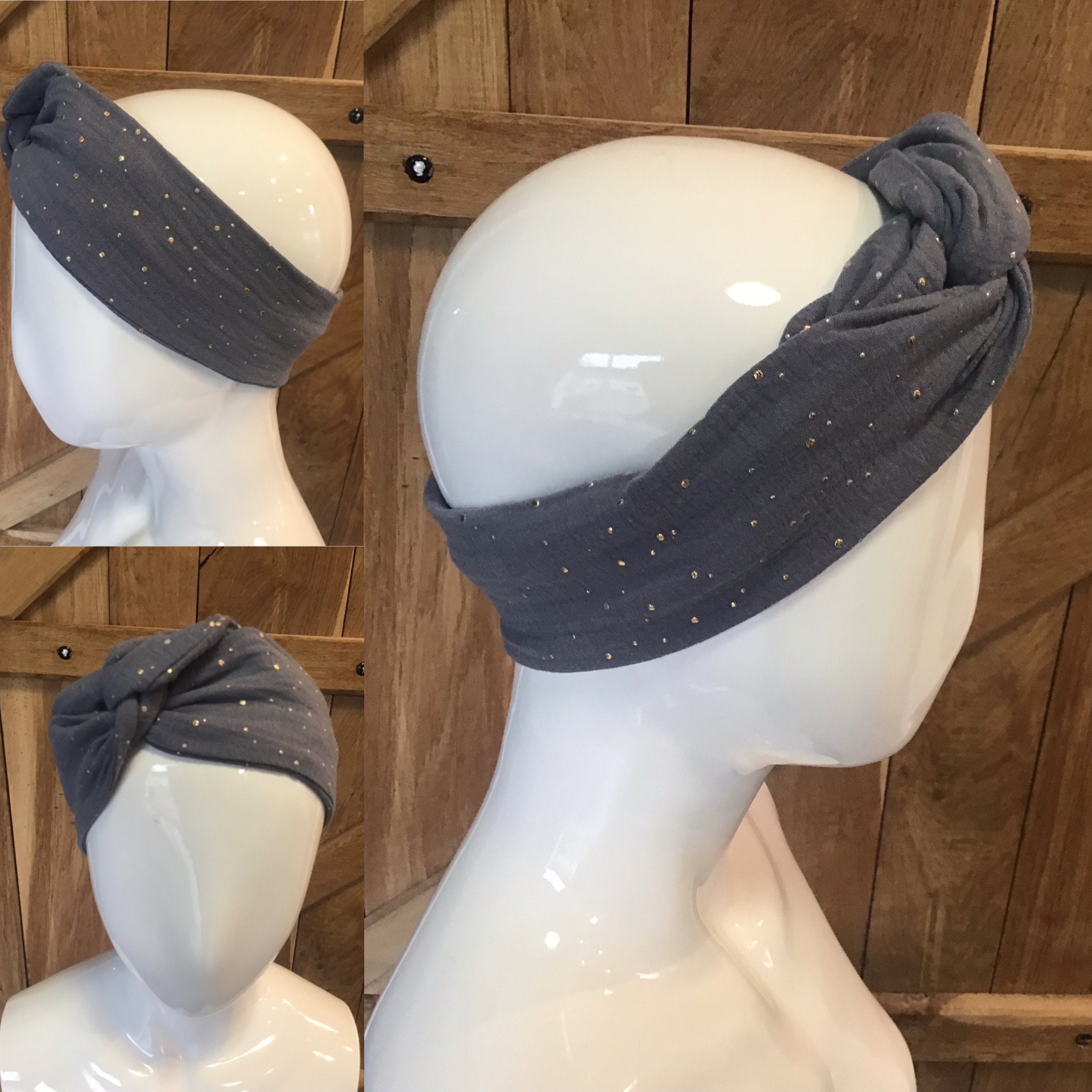 Vintage grey cotton gauze band with gold dots Etsy