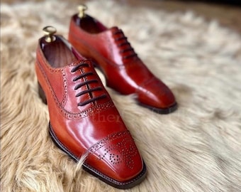 Handmade Men's Genuine Red Leather Oxford Shoes Handcrafted Full Brogue Cap Toe Real Leather Formal Shoes For Man Men's Leather Shoes