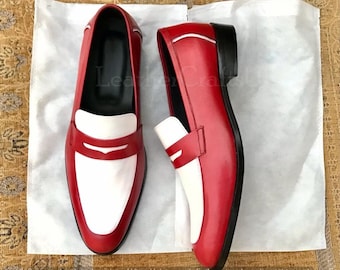 Handgemachte Herren Zweifarbig echt Rot & Weiß Leder Penny Loafers Herren Luxus Kleid Leder Formal Loafers Herren Leder Schuhe Party Schuhe
