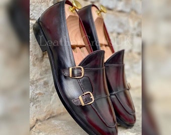 Handmade Men's Genuine Burgundy Patina Leather Double Monk Loafers Handcrafted Formal Leather Moccasin Loafers For Man Men's Leather Loafers