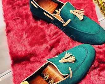 Zapatos mocasines de cuero de gamuza hechos a mano para hombres, deslizantes formales de gamuza, mocasines de borla de cuero genuino y gamuza, zapatos de vestir de cuero para hombres