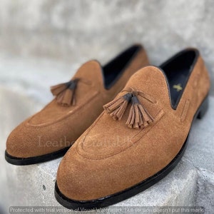 Handmade Men&#39;s Genuine Brown Suede Tasseled  Penny Loafers Men&#39;s Slip On Formal Suede Leather Dress Moccasin Loafers Men&#39;s Leather Shoes