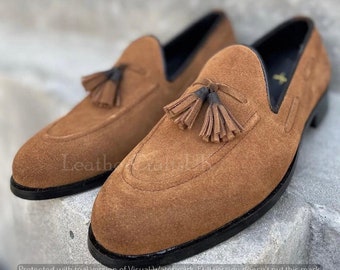 Hecho a mano para hombres Genuinos de ante marrón con borlas Penny Mocasines para hombres Slip sobre vestido formal de cuero de ante Mocasín Mocasines Mocasines Zapatos de cuero para hombres