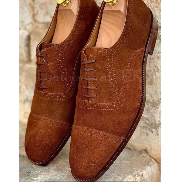 Handmade Men's Genuine Brown Suede Oxford Shoes Handcrafted Cap Toe Lace Up Formal Pure Suede Leather Shoes For Man Men's Leather Shoes