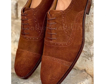 Handmade Men’s Genuine Brown Suede Oxford Shoes Handcrafted Cap Toe Lace Up Formal Pure Suede Leather Shoes For Man Men’s Leather Shoes