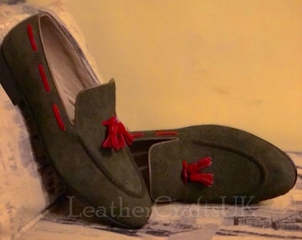 Hecho a mano para hombres Genuinos de ante verde bosque Mocasín Mocasín Mocasines Mocasines de borla Slip hechos a mano en mocasines de cuero de gamuza formal para hombre Mocasines de hombre