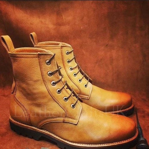 Handmade Men's Genuine Tan Yellow Patina Leather Boots Handcrafted Ankle High Lace Up Real Leather Casual Boots Men's Boots Leather Boots