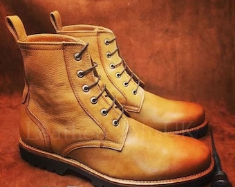 Botas de cuero genuinas de pátina amarillo tostado hechas a mano tobillo alto encaje hasta cuero real Botas casuales Botas de hombre Botas de cuero