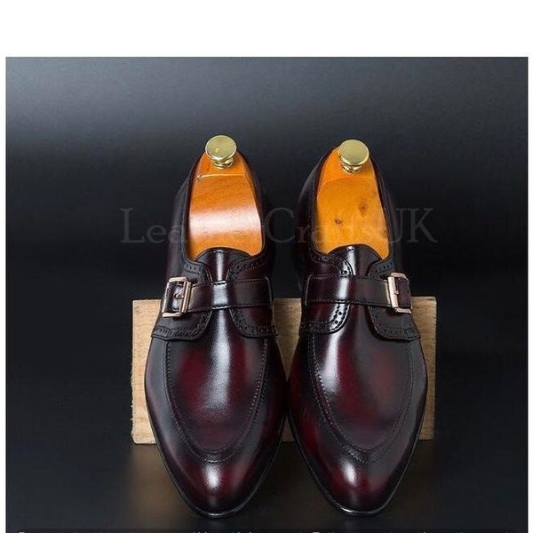 Handmade Men's Genuine Burgundy Patina Leather Monk Shoes Handcrafted Brogue Rounded Toe Real Leather Shoes For Man Men's Leather Shoes