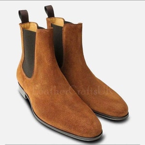Handmade Men&#39;s Genuine Tan Suede Chelsea Boots Handcrafted Slip On Ankle High Real Leather Boots Men&#39;s Boots Leather Boots Suede Boots