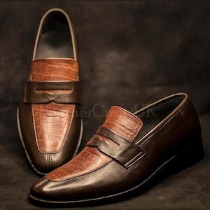Handmade Men's Two Tone Genuine Brown Leather Penny Loafers Handcrafted Slip On Real Leather Formal Loafers For Man Men's Leather Loafers