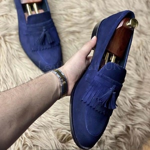 Handmade Men's Genuine Navy Blue Suede Tassel Loafers Handcrafted Slip On Fringed Formal Real Leather Loafers For Man Men's Leather Shoes