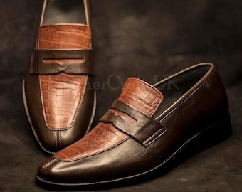 Handmade Men's Two Tone Genuine Brown Leather Penny Loafers Handcrafted Slip On Real Leather Formal Loafers For Man Men's Leather Loafers