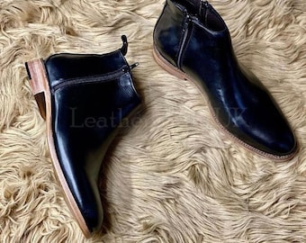 Handmade Men's Genuine Black Leather Chelsea Boots Handcrafted Ankle High Zipper Real Calf Leather Boots Men's Boots Leather Boots