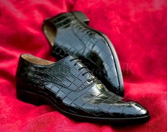 Handgemaakte mannen echte zwarte alligator textuur lederen schoenen handgemaakte vetersluiting formele dragen echte lederen schoenen voor man heren lederen schoenen