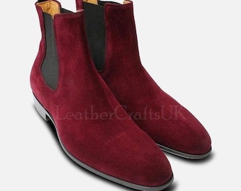 Handmade Men's Genuine Maroon Suede Chelsea Boots Handcrafted Slip On Ankle High Real Leather Boots Men's Boots Leather Boots Suede Boots